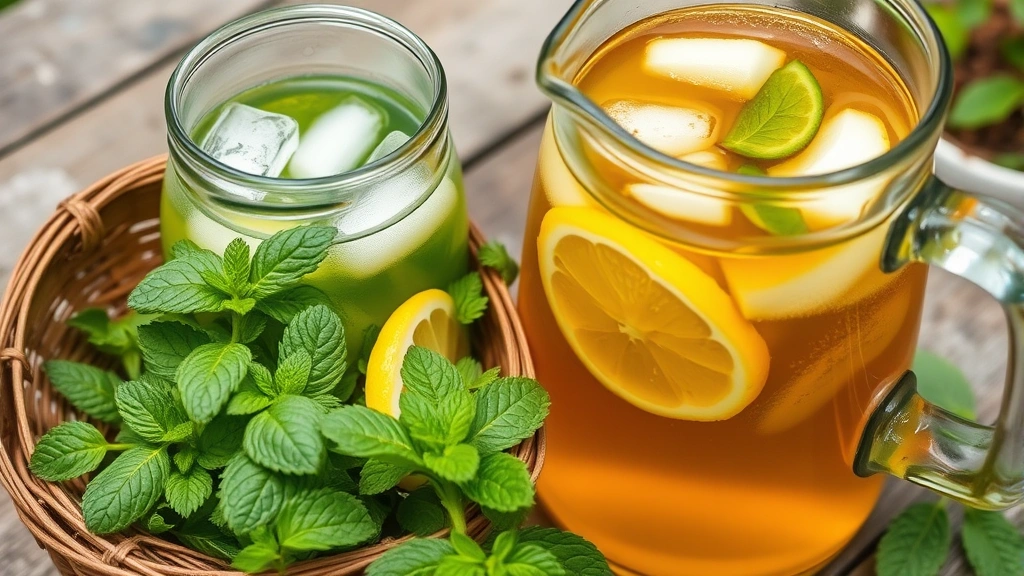 Close-up of freshly harvested mint leaves in a wooden basket next to a glass pitcher of golden sweet tea with ice and lemon slices on a garden table