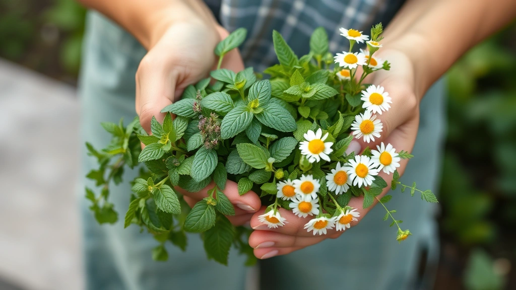 Gardener's hands holding a bundle of fresh herbs—mint, lemon balm, and chamomile flowers—ready for harvesting with morning dew visible
