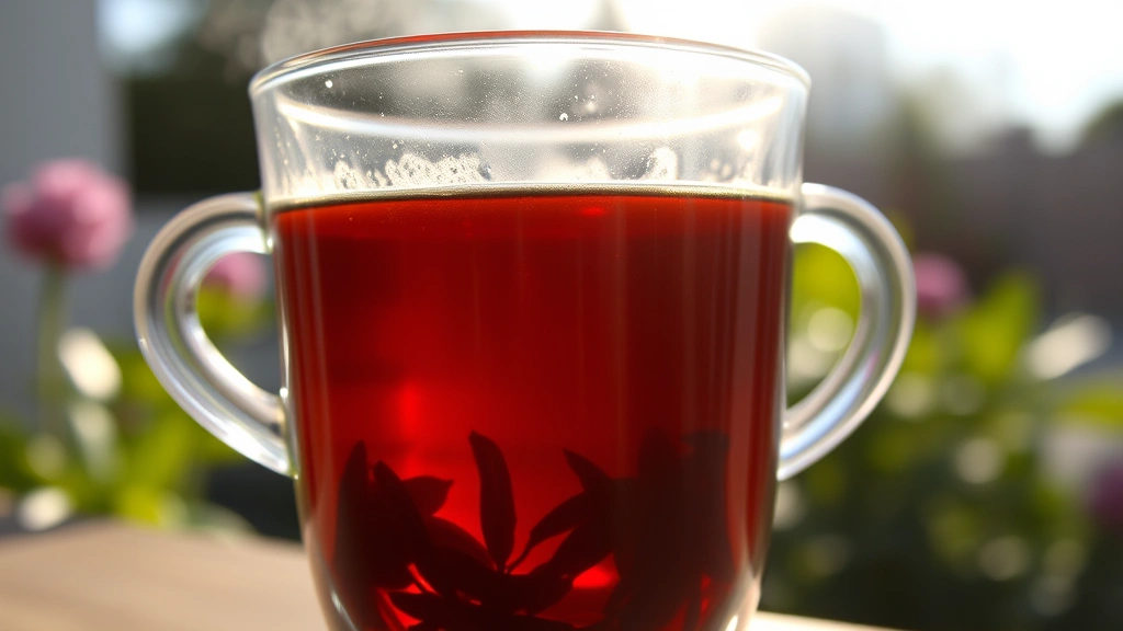 Close-up of freshly brewed black tea steaming in a clear glass cup, tea leaves visible at bottom, natural morning sunlight streaming through, with blurred garden background