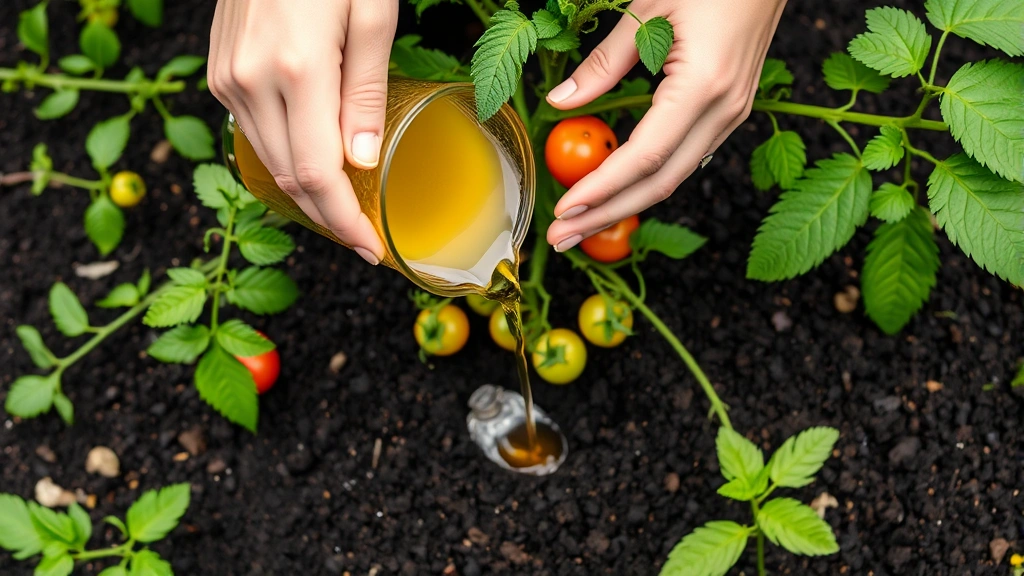 Gardener's hands pouring cooled tea from a glass pitcher onto rich dark soil around the base of vibrant green tomato plant with visible fruit clusters