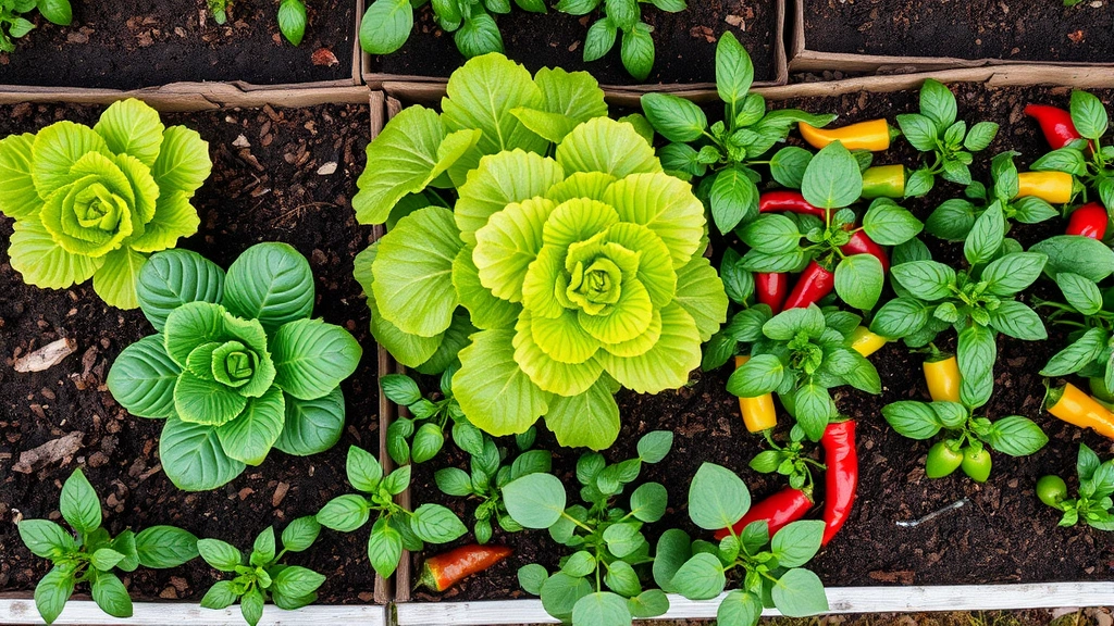 Overhead view of diverse garden vegetables including lettuce, peppers, and herbs thriving in raised beds with dark composted soil, morning dew visible on leaves