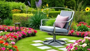 Modern aluminum swivel chair with woven synthetic cushions positioned in a lush garden surrounded by flowering borders and ornamental plants, showing 360-degree rotation capability