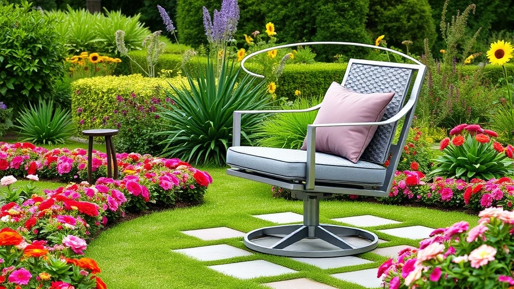 Modern aluminum swivel chair with woven synthetic cushions positioned in a lush garden surrounded by flowering borders and ornamental plants, showing 360-degree rotation capability