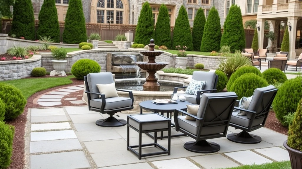 Designer swivel chair grouping near a water feature in a sophisticated garden setting with evergreen shrubs, stone pathways, and multiple seating areas creating an outdoor living room