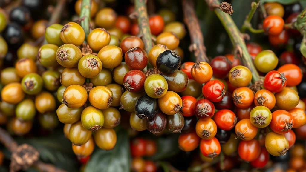 Close-up of Szechuan pepper berries at various ripeness stages from green to reddish-brown to black, showing the characteristic clustered pod formation on woody stems