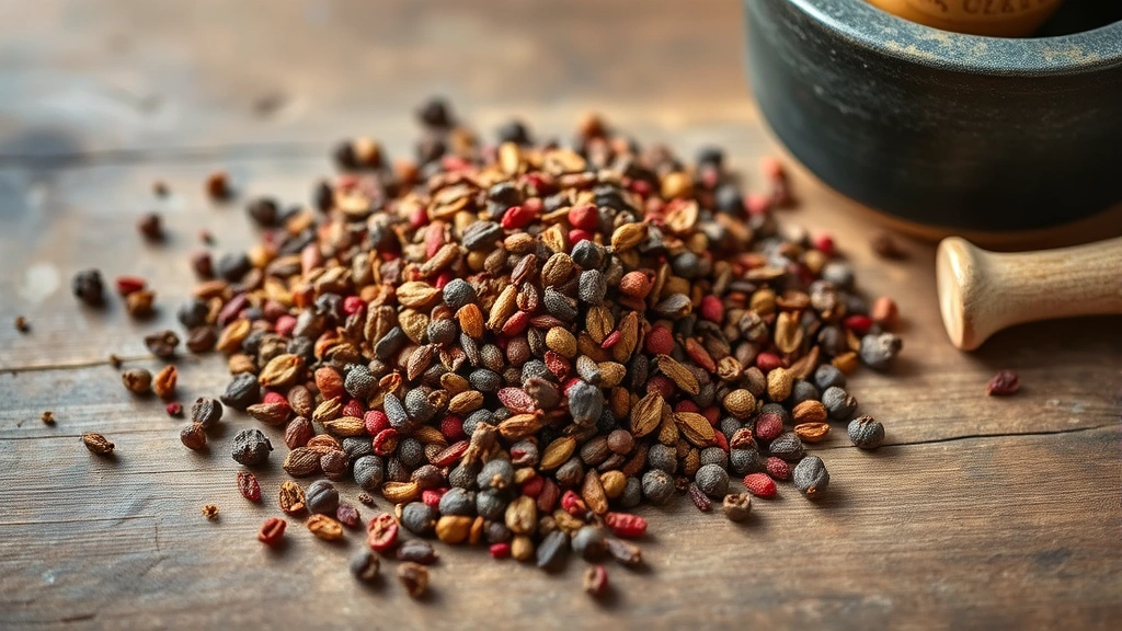 Freshly harvested dried Szechuan peppercorns spread on a wooden surface with a mortar and pestle nearby, demonstrating the prepared product ready for culinary use