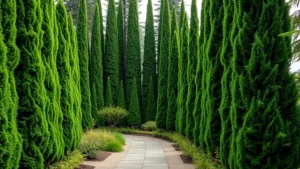 Tall columnar evergreen conifers creating dramatic vertical lines in a modern garden landscape with layered plantings and stone pathways below
