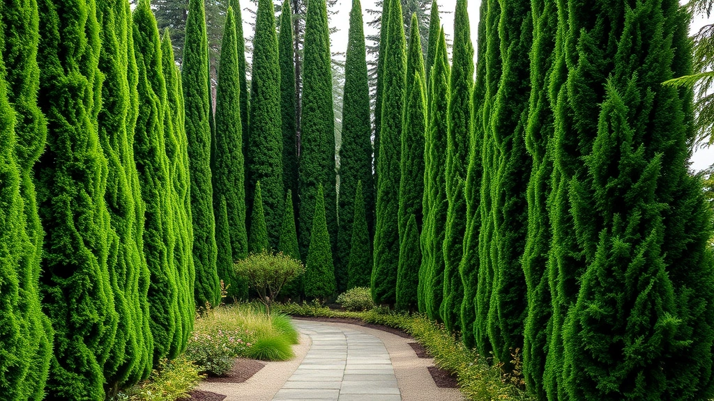 Tall columnar evergreen conifers creating dramatic vertical lines in a modern garden landscape with layered plantings and stone pathways below