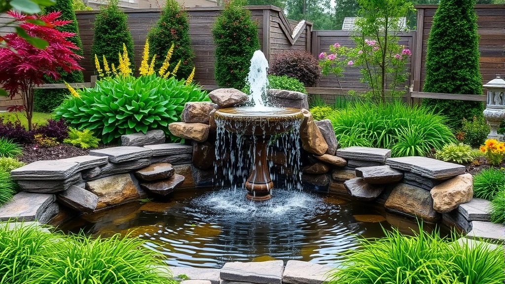 Professional garden water feature with cascading fountain surrounded by architectural plants and hardscape elements creating a dramatic focal point