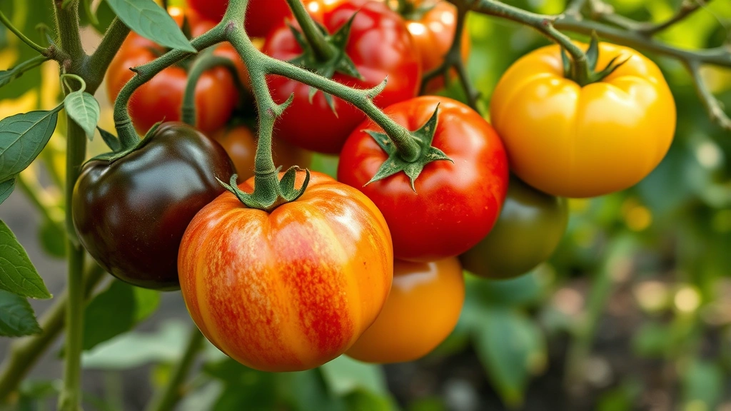 Close-up of ripe heirloom tomatoes in various colors hanging on vine with green leaves and stems, natural garden setting with soft sunlight
