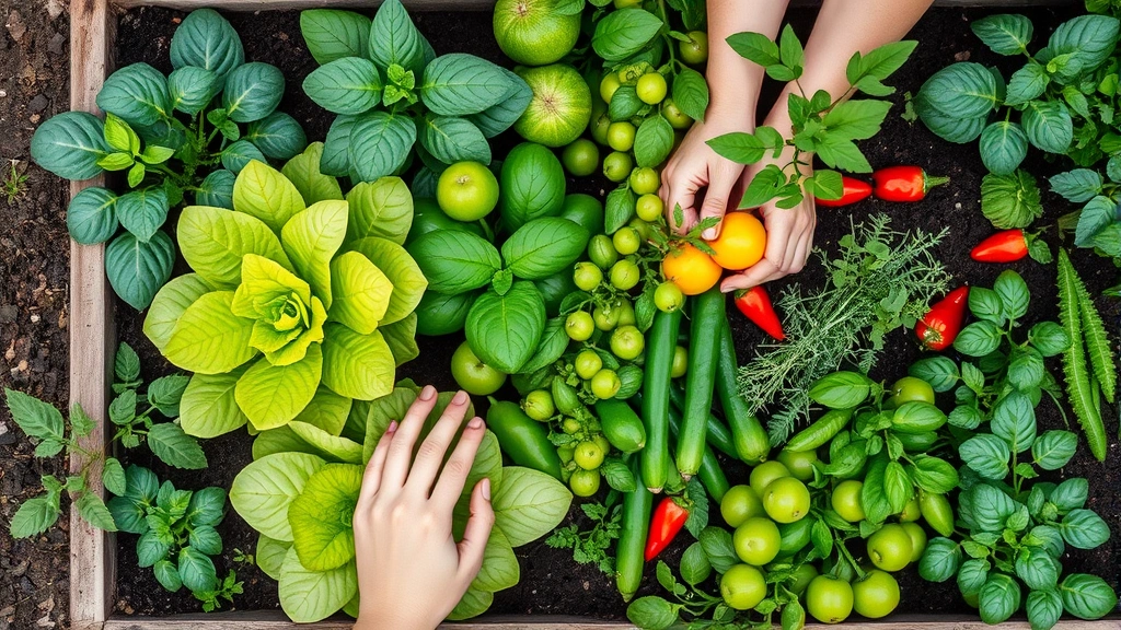 Overhead view of raised garden bed with diverse vegetables including lettuce, basil, peppers, and herbs growing together, gardener's hands visible tending plants