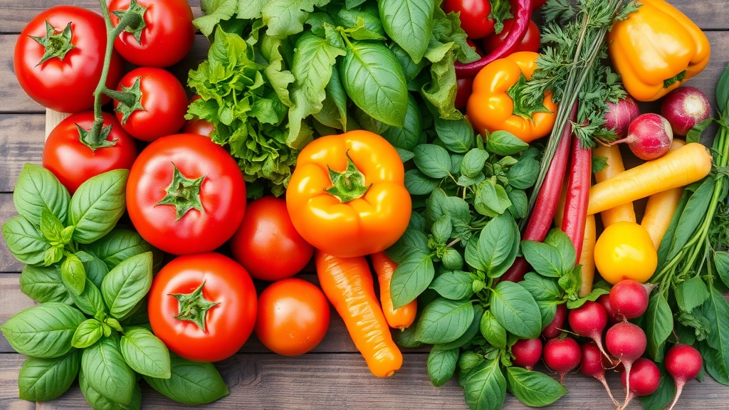 Vibrant collection of just-harvested fresh vegetables and herbs including tomatoes, peppers, lettuce, basil, and radishes arranged on wooden surface with morning dew