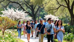 Diverse visitors walking through a lush botanical garden with blooming flowers and mature trees, carrying small shoulder bags and water bottles, natural lighting