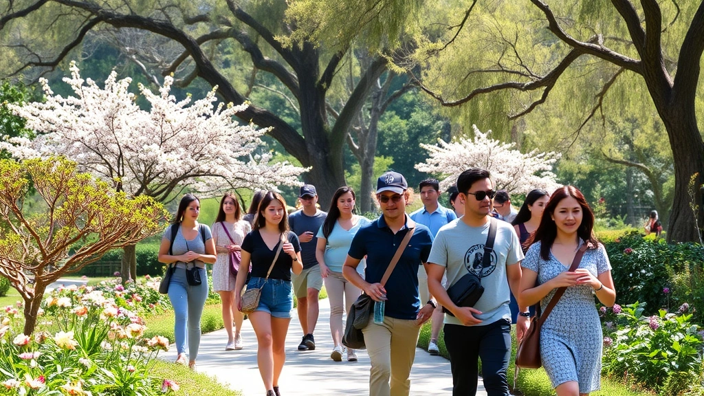 Diverse visitors walking through a lush botanical garden with blooming flowers and mature trees, carrying small shoulder bags and water bottles, natural lighting