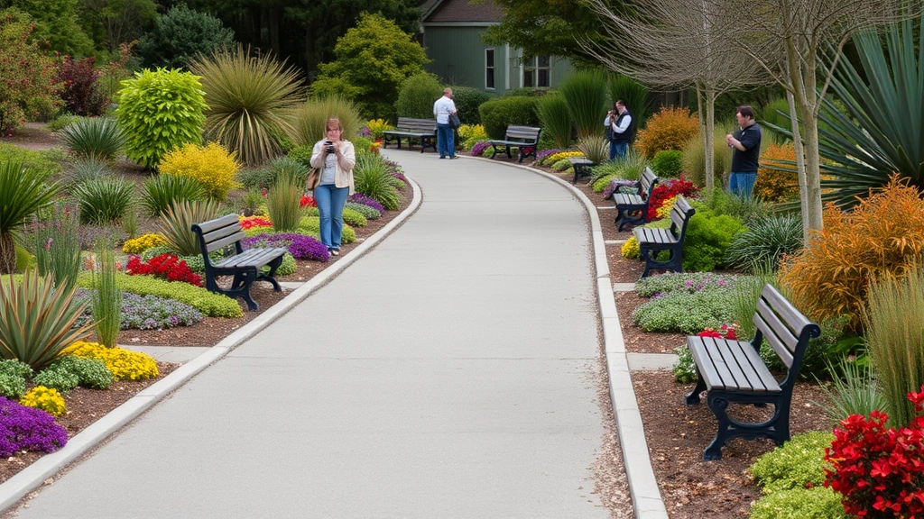 A peaceful garden pathway lined with seasonal plantings, benches for resting, accessible paved route, visitors with cameras documenting plant collections