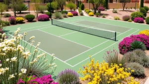 Professional tennis court surrounded by blooming desert shrubs and ornamental plants in spring sunlight, with manicured landscaping visible between court areas