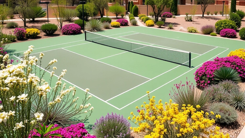 Professional tennis court surrounded by blooming desert shrubs and ornamental plants in spring sunlight, with manicured landscaping visible between court areas