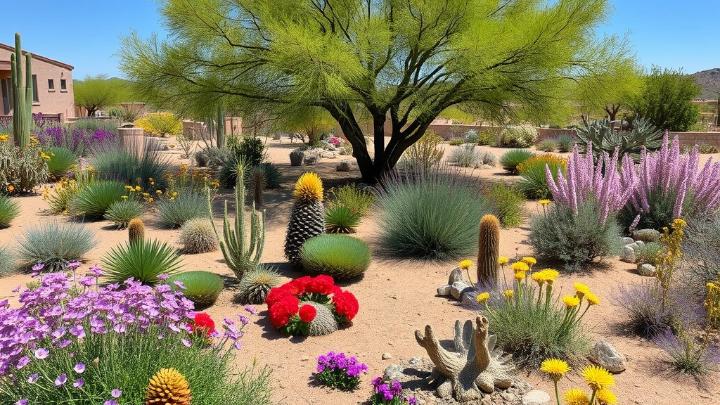 Wide view of desert garden with native California plants including salvias and lantanas thriving in arid landscape with shade trees providing relief