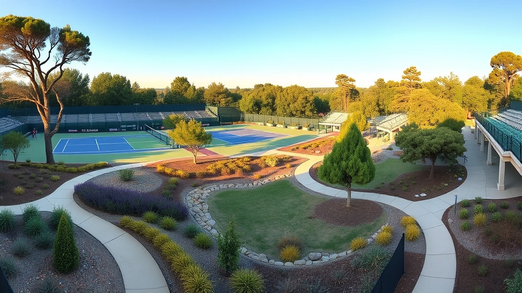 Panoramic view of tennis venue grounds showing pathways winding through landscaped zones with mixed plantings, specimen trees, and spectator areas in afternoon light