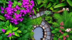 Overhead view of lush tropical Thai garden with layered plants including purple bougainvillea flowers, green ferns, orchids, and winding stone pathway with water feature visible