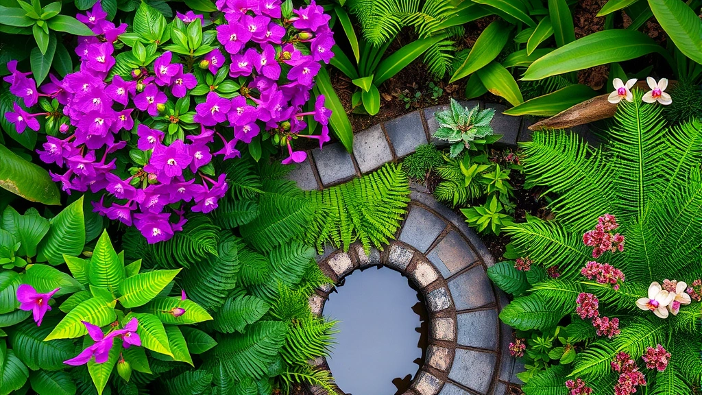 Overhead view of lush tropical Thai garden with layered plants including purple bougainvillea flowers, green ferns, orchids, and winding stone pathway with water feature visible