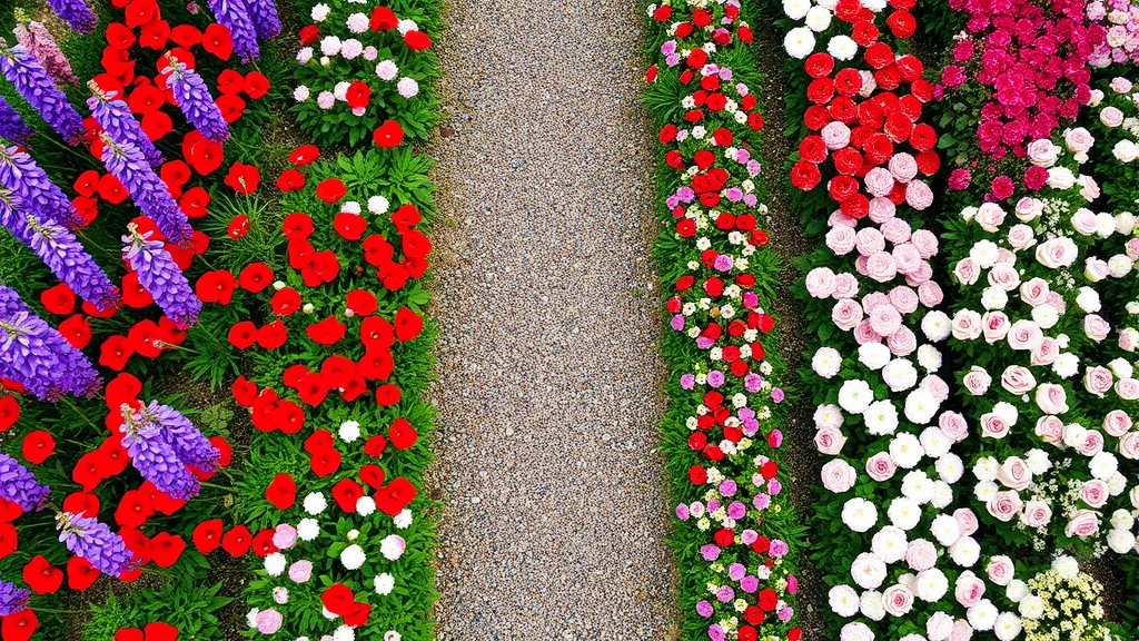Overhead view of vibrant flower beds in organized rows with multiple colors—purple delphiniums, red poppies, pink roses, and white flowers in coordinated clusters, gravel pathways between plantings, natural daylight showing seasonal spring blooms