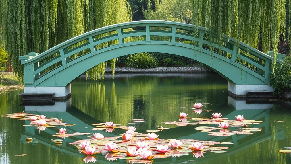 Japanese arched wooden bridge painted soft green spanning across a still water pond with pink and white water lilies floating below, weeping willow trees drooping toward the water, reflections visible in the calm surface, morning light creating peaceful atmosphere