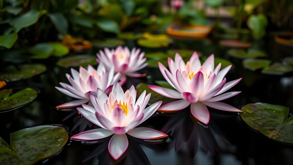 Close-up of water lily flowers in pink and white colors floating on dark water surface, lily pads surrounding them, with blurred background of green foliage and garden vegetation, natural garden pond setting