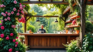 A rustic wooden bar counter nestled in a lush garden surrounded by climbing vines, fragrant roses, and potted herbs on shelves, with dappled sunlight filtering through a pergola overhead