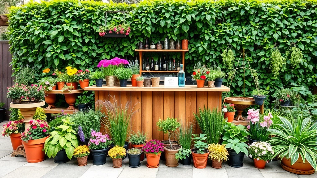 A vibrant container garden display featuring colorful potted plants, flowering annuals, and aromatic herbs arranged around a simple bar setup on a patio, with green foliage creating natural walls