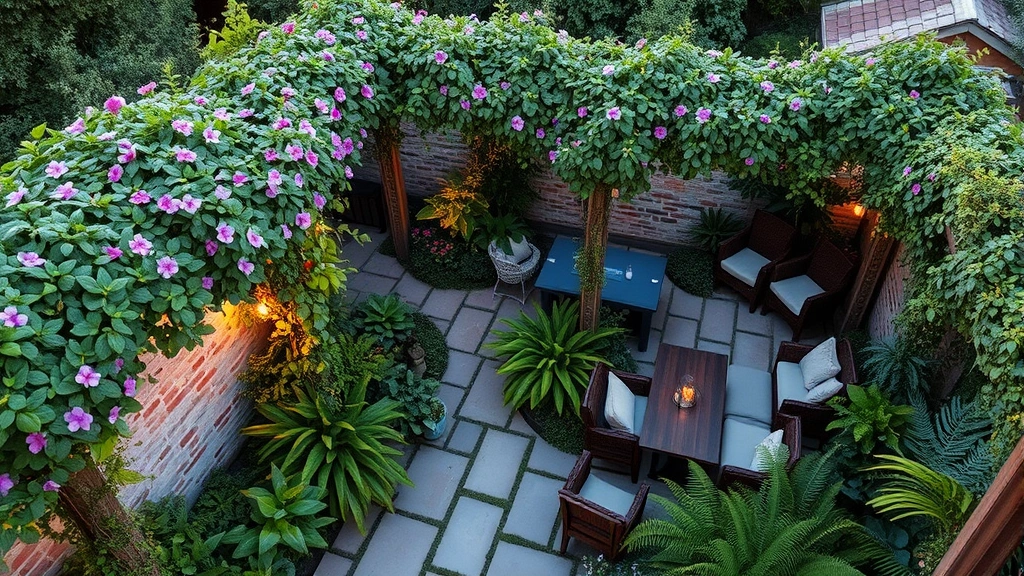 An overhead view of a mature garden bar space in late afternoon, showing climbing clematis and ivy covering trellises, shade-tolerant hostas and ferns in the understory, with comfortable seating and natural stone pathways