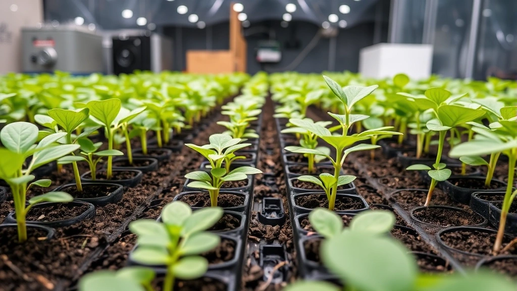 Close-up of thriving seedlings in a modern vault garden showing healthy green foliage, proper spacing, and controlled growing environment with visible monitoring equipment