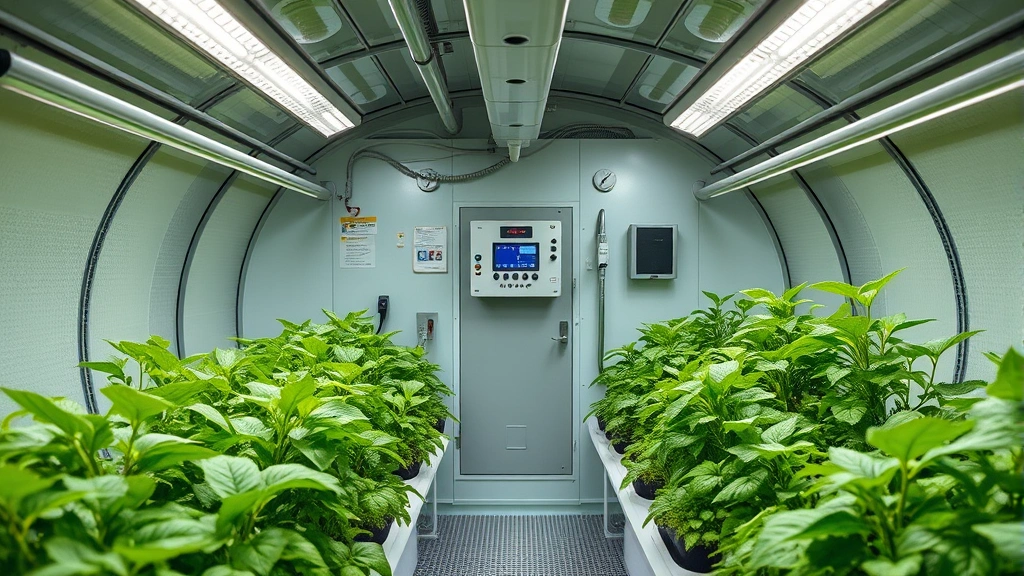Interior view of a modern vault garden with automated climate control systems, temperature monitoring equipment, and lush green plants growing under optimized lighting conditions