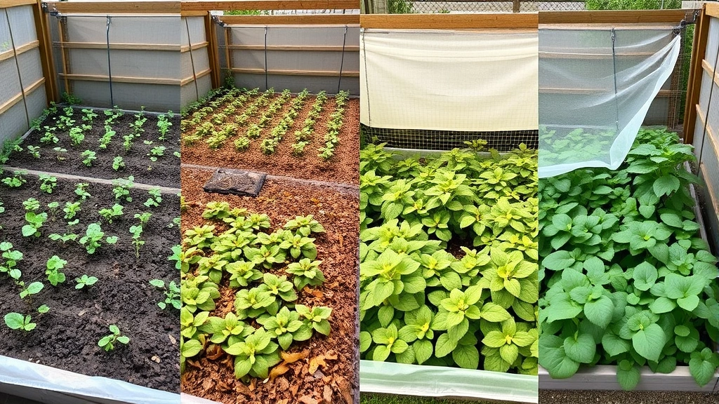 Seasonal transformation of a vault garden showing spring seedlings, summer shade cloth installation, fall harvest abundance, and winter frost-protected plants across four distinct growing periods