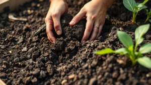 Gardener hands working rich dark soil with compost in raised garden bed, spring morning light, close-up detail of soil texture and organic matter