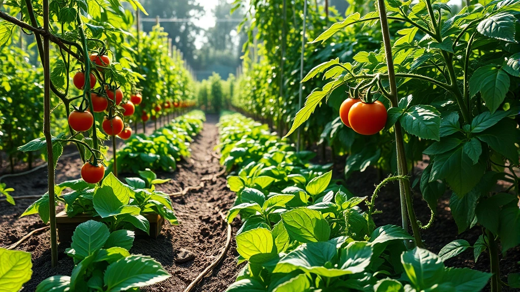 Lush vegetable garden in full growth with tomato plants staked, lettuce rows, basil plants, and green foliage under bright sunlight with morning dew