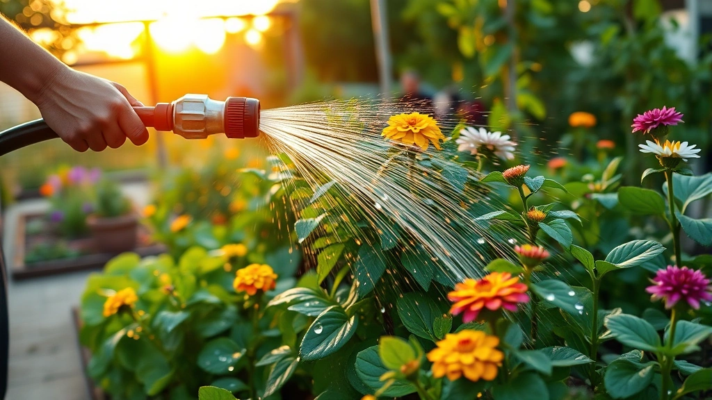Person watering garden plants with hose at sunrise, water droplets on green leaves, peaceful garden setting with mixed vegetables and flowers blooming
