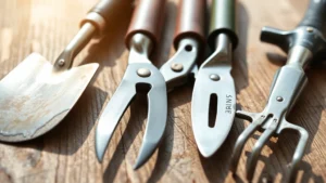Close-up of various metal garden hand tools arranged neatly on wooden surface: trowel, hand fork, pruning shears, weeding fork, and cultivator with natural sunlight highlighting details