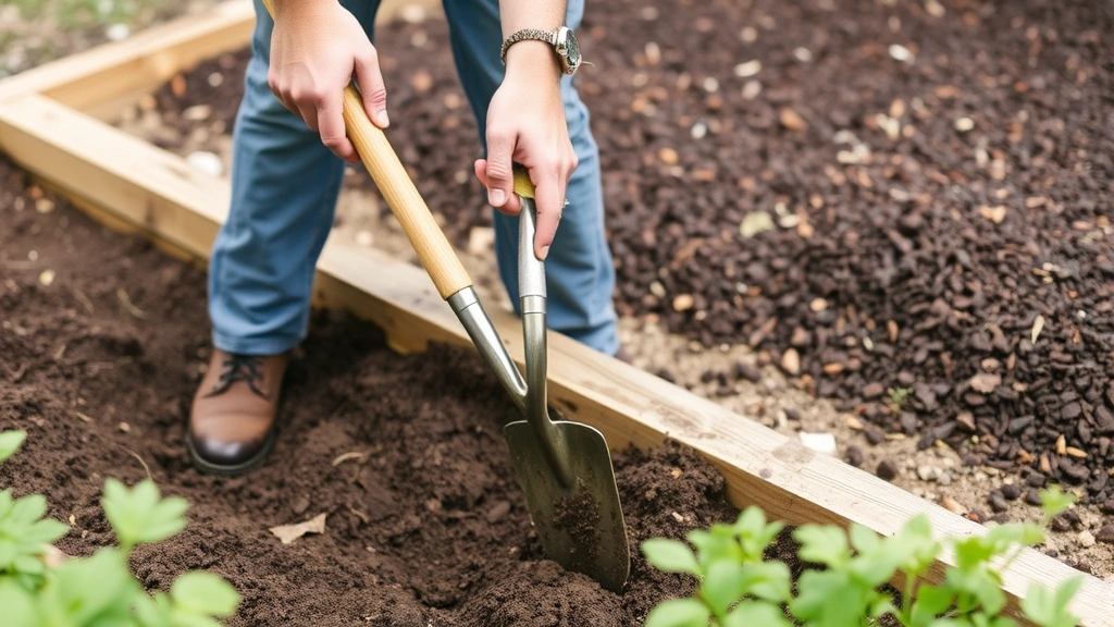 Gardener using long-handled digging tools to prepare soil in raised garden bed, showing proper technique and posture, with mulch and compost visible in background