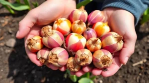 Close-up of colorful tulip bulbs in various sizes being held in hands over dark soil, showing papery brown skin and firm texture, sunlit gardening setting