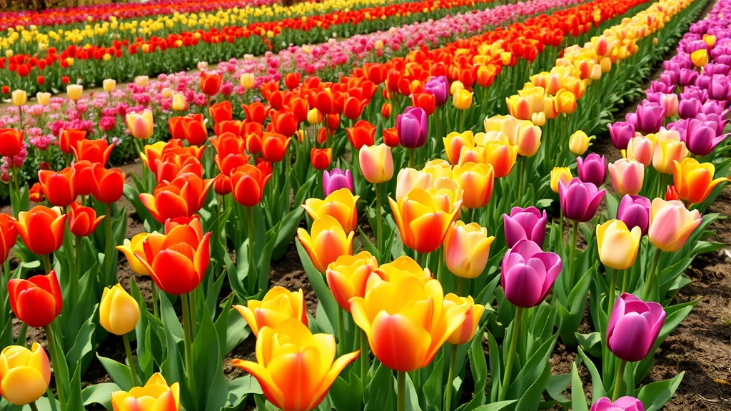 Wide garden bed view showing multiple rows of vibrant tulip flowers in mixed colors like red, yellow, pink, and purple blooming in spring with green foliage visible