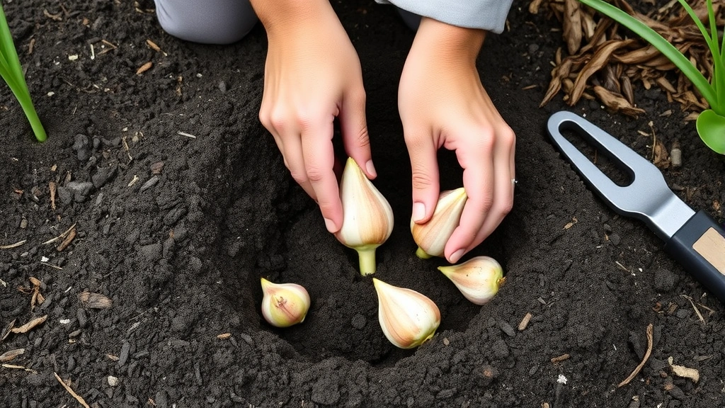 Gardener's hands carefully planting tulip bulbs in rich dark soil at proper depth, showing the pointed end facing upward, with mulch and garden tools nearby