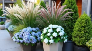 Lush container plantings with mixed ornamental grasses, hydrangeas, and boxwoods arranged on a modern urban patio with concrete and wooden elements, natural daylight