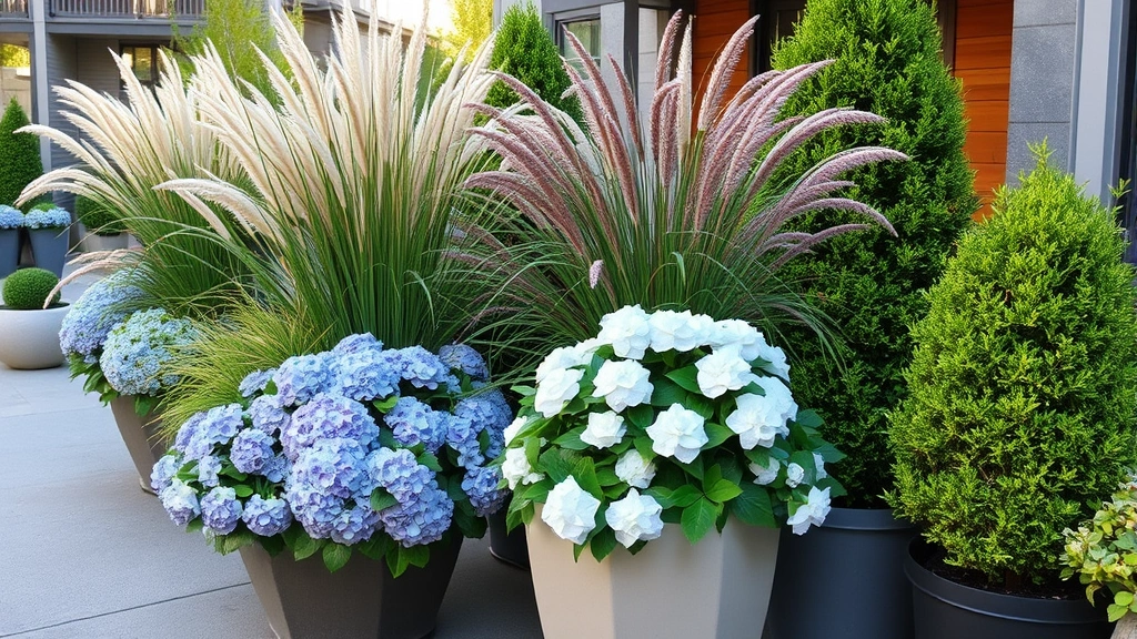 Lush container plantings with mixed ornamental grasses, hydrangeas, and boxwoods arranged on a modern urban patio with concrete and wooden elements, natural daylight