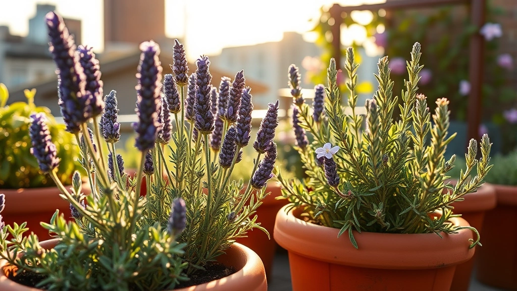 Close-up of fragrant lavender and rosemary plants in terracotta containers on a sunny urban rooftop beer garden, with climbing jasmine on a trellis in soft afternoon light
