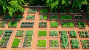 Aerial view of organized rectangular raised garden beds arranged in rows with distinct sections of green vegetables, mulched pathways between beds, and dappled sunlight filtering through nearby trees