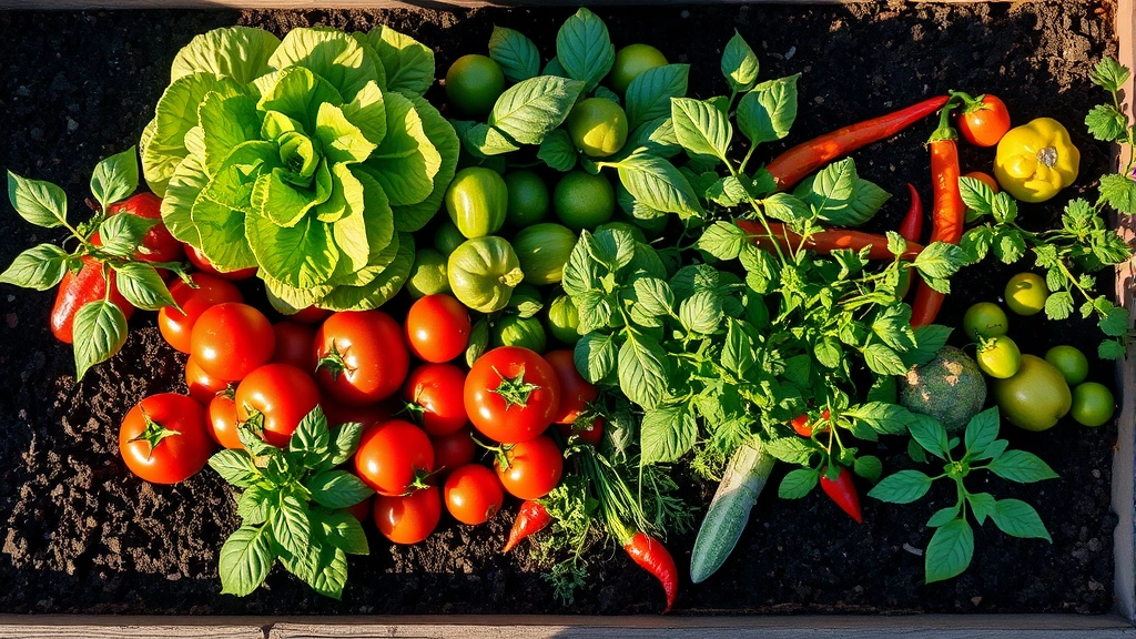 Overhead view of a lush raised garden bed with diverse vegetables including tomatoes, lettuce, peppers, and herbs growing together in rich dark soil, morning sunlight creating shadows