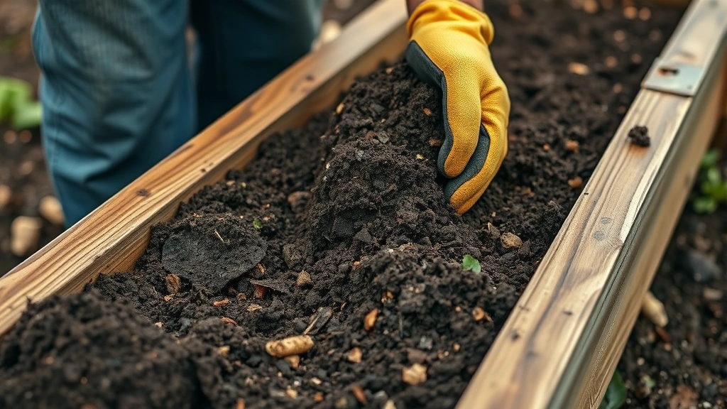 Close-up of hands adding rich dark compost to a wooden raised bed frame, showing soil texture and organic matter, gardener wearing work gloves
