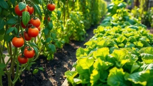 Lush green vegetable garden with ripe tomatoes on vines, basil plants, and lettuce in raised beds during summer harvest, morning sunlight filtering through foliage, rich dark soil visible