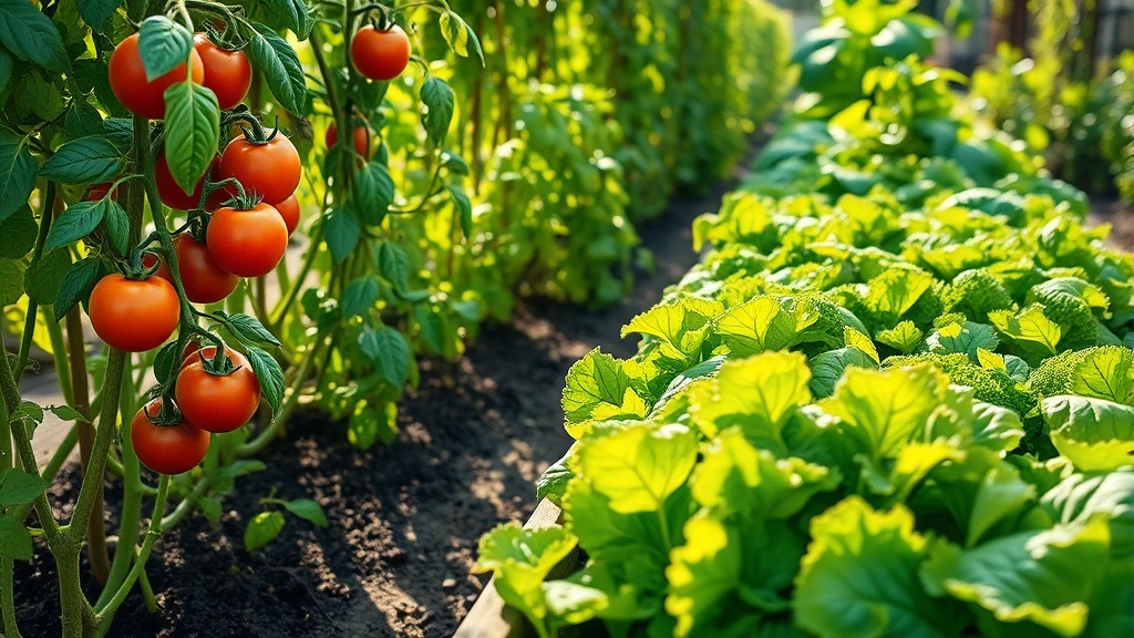 Lush green vegetable garden with ripe tomatoes on vines, basil plants, and lettuce in raised beds during summer harvest, morning sunlight filtering through foliage, rich dark soil visible